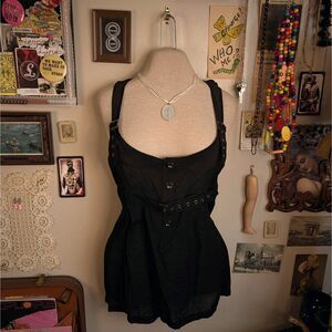 Vintage Belted Buckle Tank Top Blouse Women's Medium/Large Black Flowy Gothic